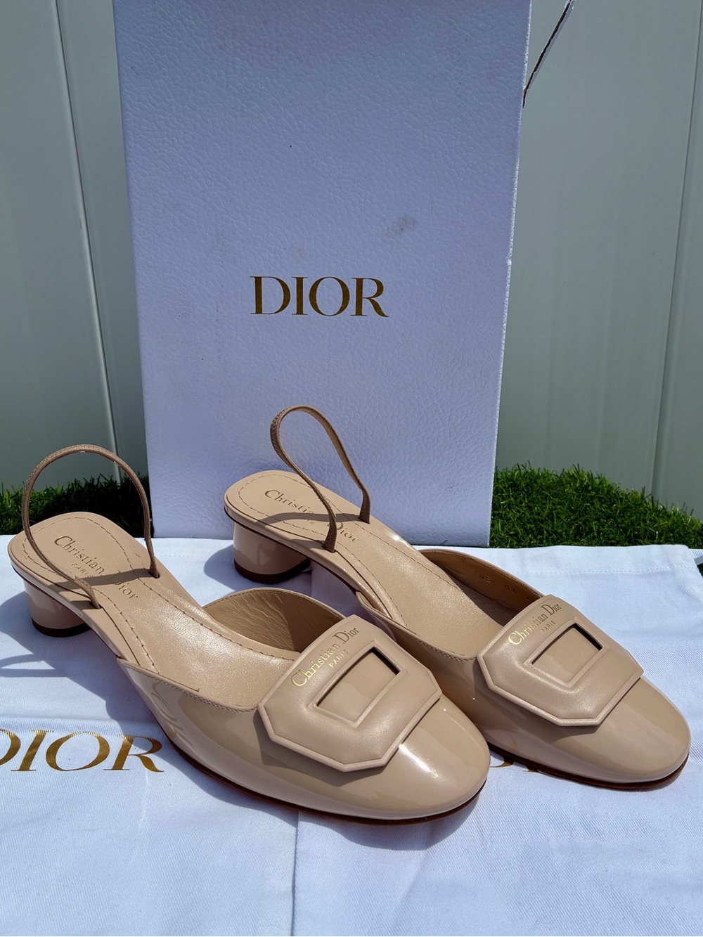 DIOR DAY SLING BALLERINA PUMP NEUTRAL BEIGE CALF PAT. LEATHER LOGO SZ 38.5 NEW - Picture 3 of 16